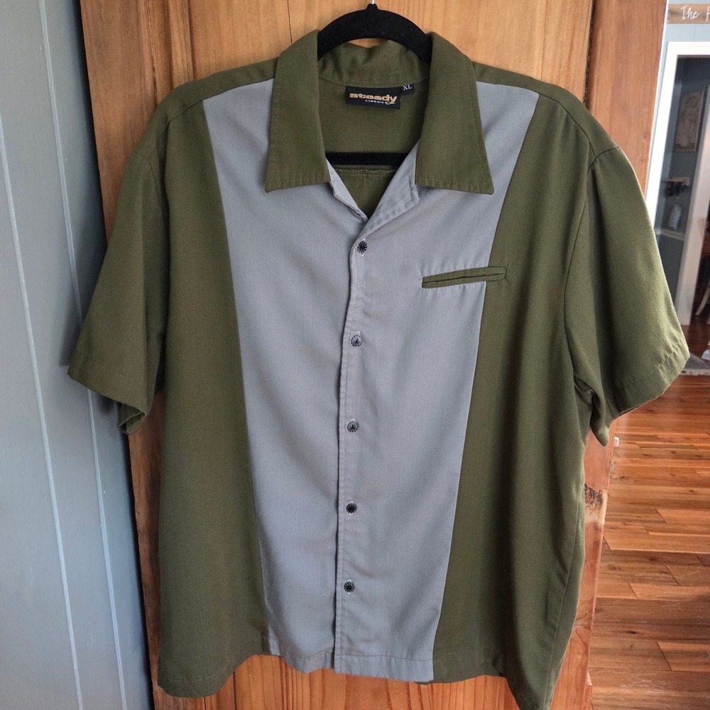 Steady Classics Bowling Shirt - Olive Green Button Up Short Sleeve - XL